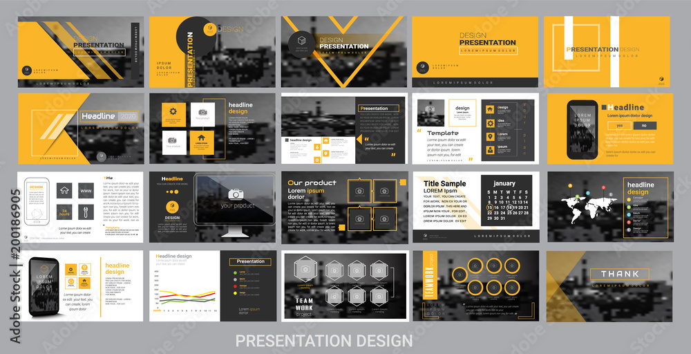 presentation template for promotion, advertising, flyer, brochure, product, report, banner, business, modern style on black and yellow color background. vector illustration - obrazy, fototapety, plakaty 