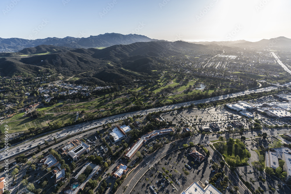 Aerial view of 101 freeway in suburban Thousand Oaks in Ventura County, California.