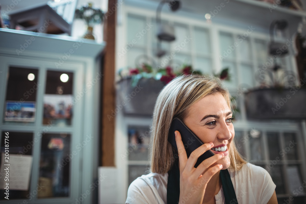 Female florist talking on mobile phone Female florist talking on mobile phone