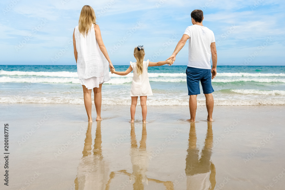 Rear view of a young happy family on tropical beach.