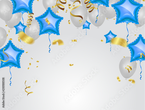 Star Blue balloon and White balloon on background. Party helium balloons event design decoration confetti and ribbons. Vector illustration