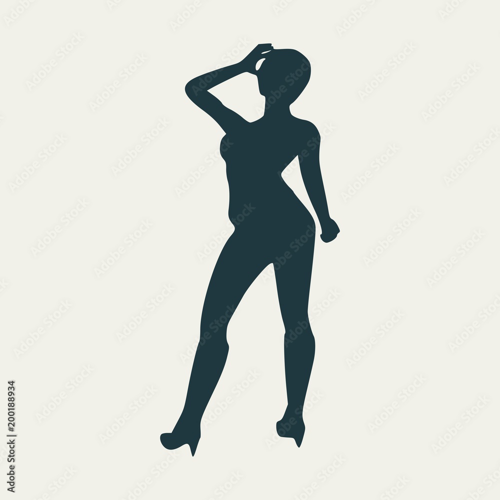 Beautiful sexy fitness girl silhouette . Back view. Lady rise her hand to the head