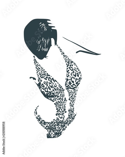 Beautiful sexy fitness girl. Pretty woman wearing swimsuit. Lady rise her hand to the head. Top view.