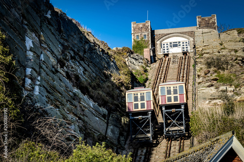 East Hill Cliff Railway or lift is a funicular railway located in the english town of Hastings in Sussex. A funicular is cable car operated by cable with ascending and descending cars counterbalanced photo