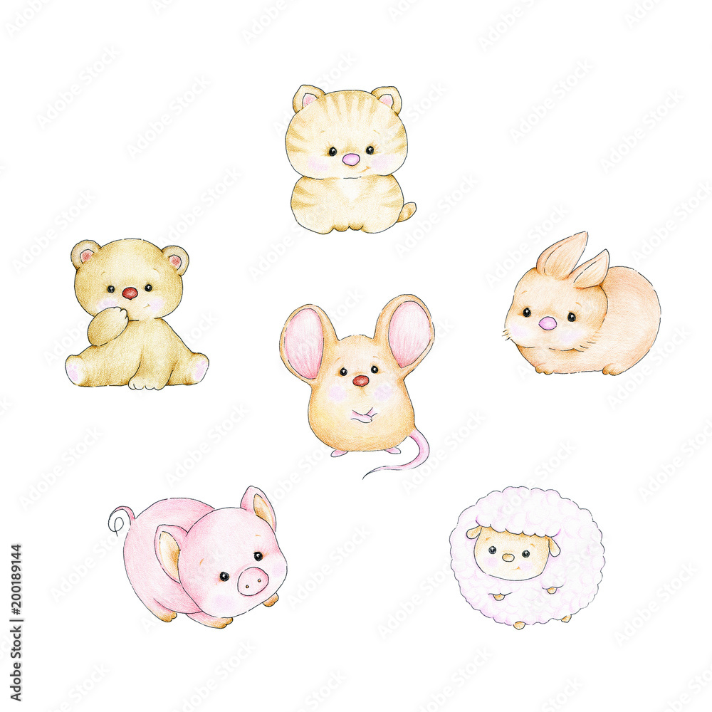 Set of baby animals - bear, mouse, pig, cat, lamb, bunny