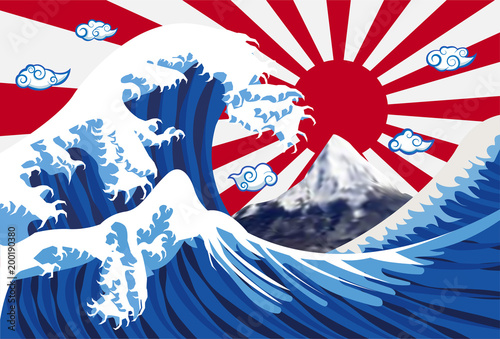 sea wave with mount Fuji and japan flag