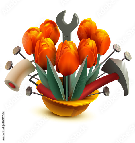 Building helmet with flowers and work tools