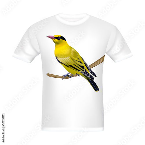 White t-shirt with design happy Beautiful bright yellow bird. Black naped oriole