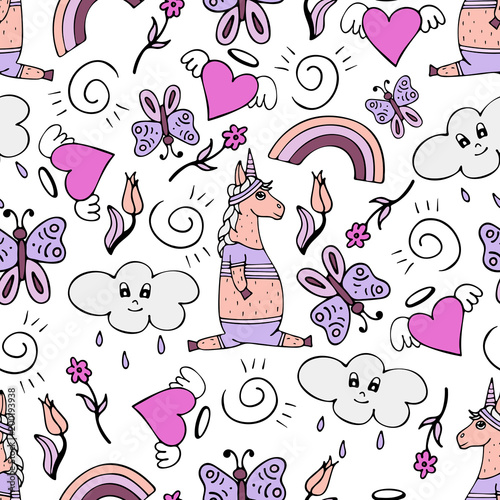 Lovely seamless pattern with hand-drawn unicorns and cute doodles.