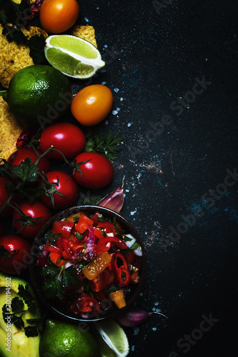 Tex-Mex Concept, Nachos, Salsa Sauce, Food Background, Top View