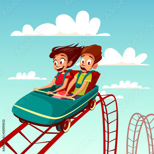 Kids on rollercoaster rides vector illustration. Boy and girl riding fast on Russian mountains amusement rides  happy laughing or excited scared with open mouth on amusement park background