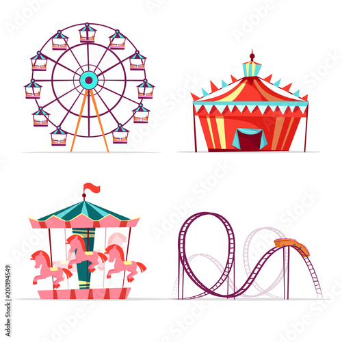 Vector cartoon amusement park attractions set. Ferris wheel, merry go round horse carousel, roller coaster and tent. Circus funfair festival kids entertainment design elements. Isolated illustration
