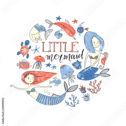 Round composition illustration with cute sea faurytail character