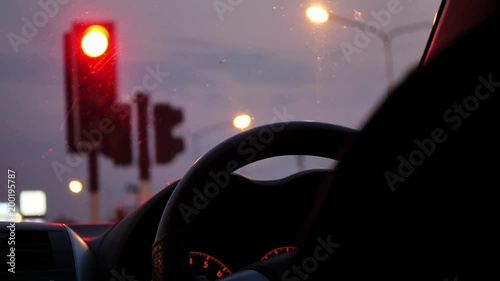 red traffic light, driver driving car stop on crossroad