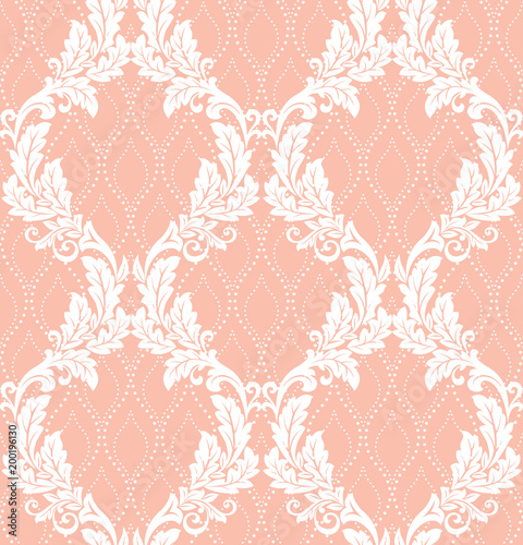 Wallpaper in the style of Baroque. A seamless vector background. White and pink floral ornament. Graphic vector pattern