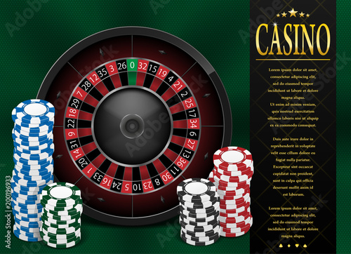 Casino Gambling poster or flyer design. Casino banner template with Roulette Wheel isolated on green background. Playing casino games. Vector illustration.