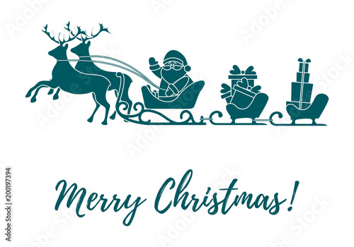 Santa Claus with Christmas presents in sleighs with reindeers. New Year and Christmas illustration.