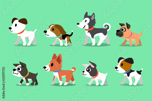 Different type of cute cartoon dogs walking