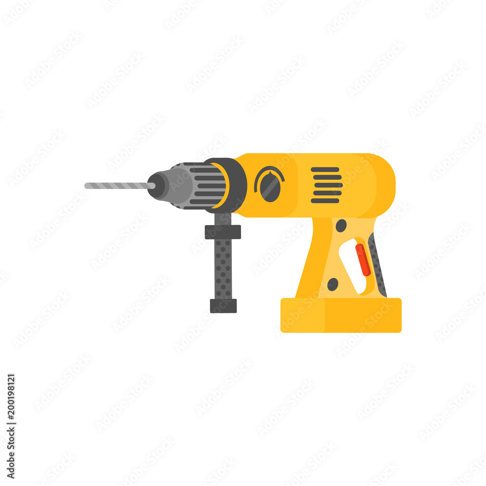 Yellow power tool - hammer drill in flat design
