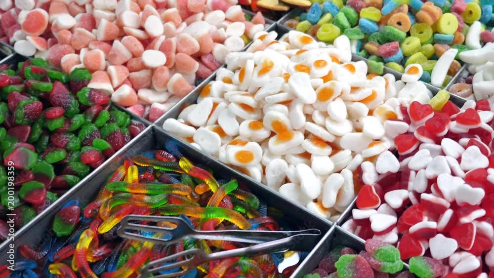 Assorted colorful  jelly candies on display at a local food market