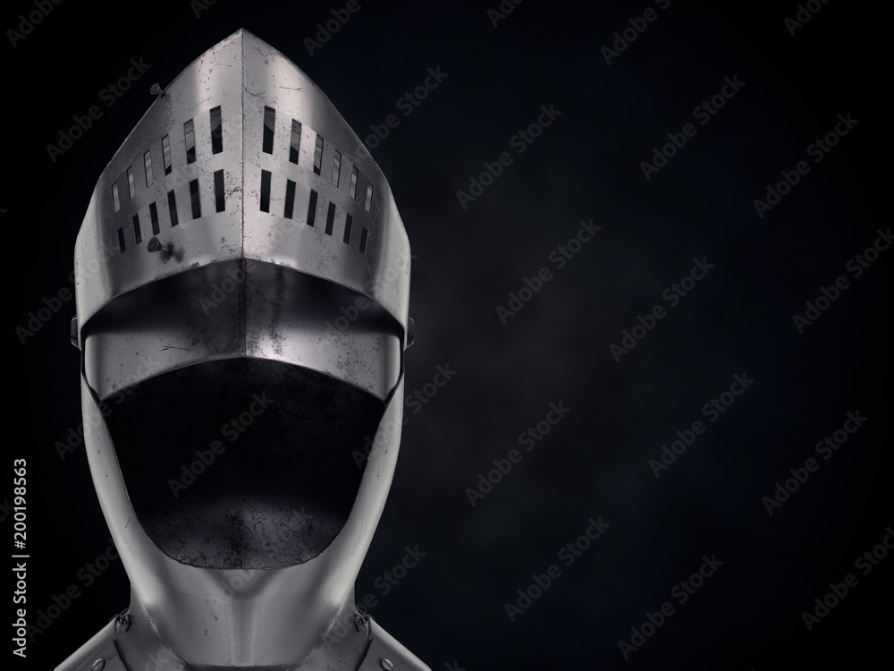 Background with Medieval Knight Armet Helmet with ipen visor. Front