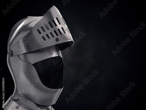 Background with Medieval Knight Armet Helmet with ipen visor. Front view with space for text. Used for tournaments or battlefields. 3D render Illustration. photo