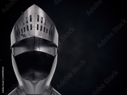 Background with Medieval Knight Armet Helmet with ipen visor. Front view with space for text. Used for tournaments or battlefields. 3D render Illustration. photo