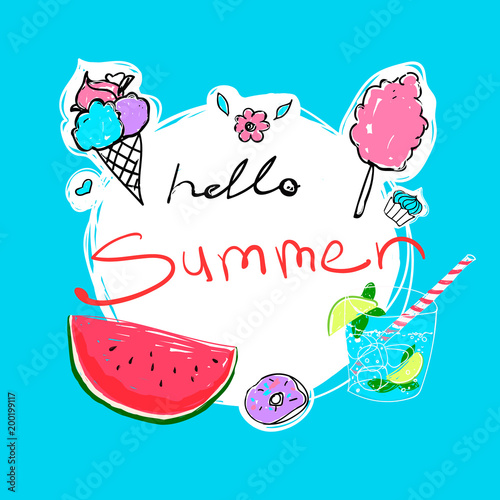 Hello Summer calligraphy with watermelon, donut, ice-cream, cocktail and candyfloss. Vector hand drawn illustration on a blue background.