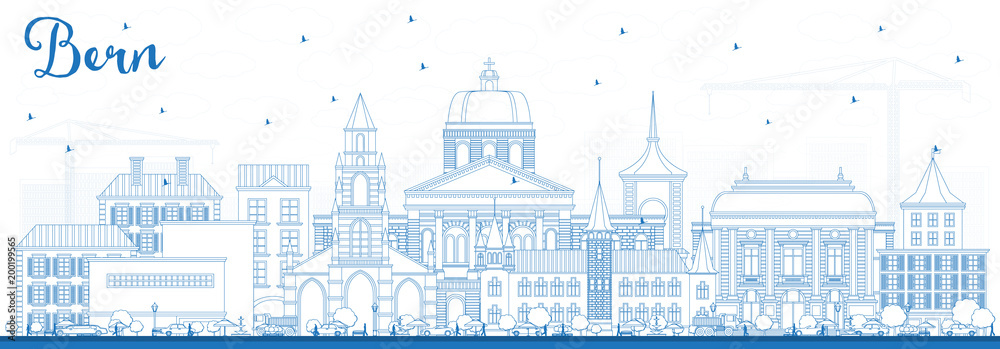 Outline Bern Switzerland City Skyline with Blue Buildings.