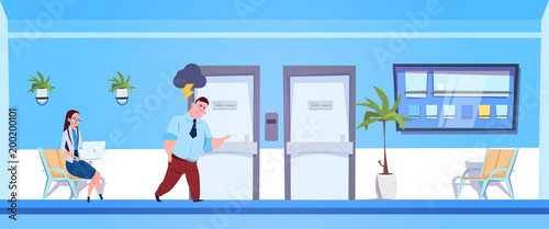 Depressed Man Waiting For Results In Hospital Hall Flat Vector Illustration