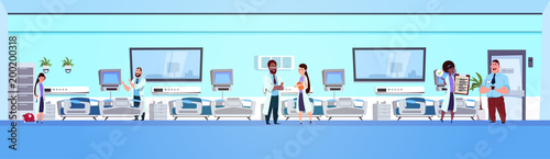 Team Of octors In Hospital Ward Background Clinic Room Interior With Beds Horizontal Banner Flat Vector Illustration