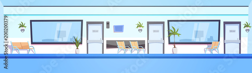 Hospital Hall Empty Clinic Interior Waiting Room Horizontal Banner Flat Vector Illustration