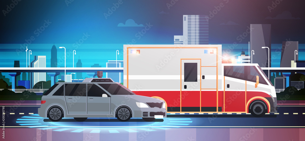 Car Accident Scene Of Road Crush With Ambulance Over City Background Vector Illustration Car Accident Scene Of Road Crush With Ambulance Over City Background Vector Illustration