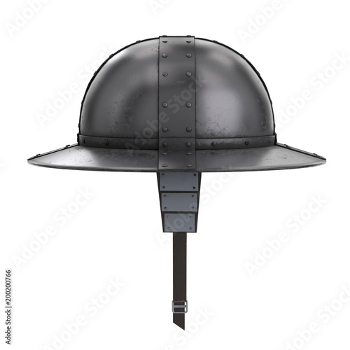 Medieval Knight Kettle Hat Helmet. Side view. Ancient equipment for battlefields. 3D render Illustration Isolated on white background. photo