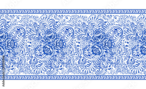 Russian painting gzhel Horizontal seamless pattern