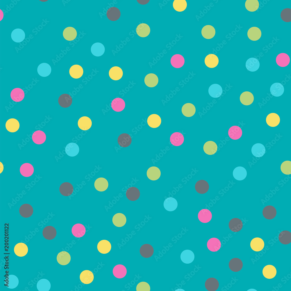 Colorful polka dots seamless pattern on bright 10 background. Attractive classic colorful polka dots textile pattern. Seamless scattered confetti fall chaotic decor. Abstract vector illustration.