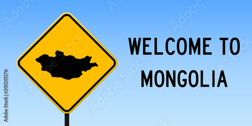 Mongolia map on road sign. Wide poster with Mongolia country map on yellow rhomb road sign. Vector illustration.