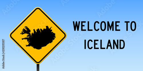 Iceland map on road sign. Wide poster with Iceland country map on yellow rhomb road sign. Vector illustration.