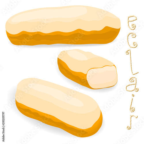 Vector icon illustration logo for cake French eclair with custard cream. Eclair pattern consisting of different colored sweet french dessert confection. Eat tasty cakes eclairs covered in glaze creams