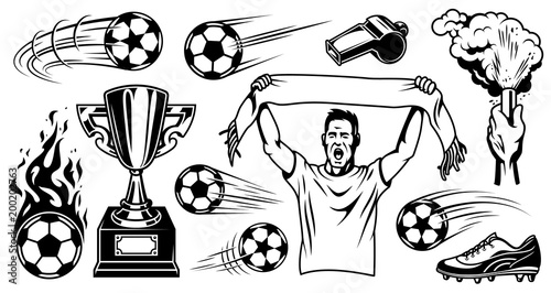 Set of soccer elements and players