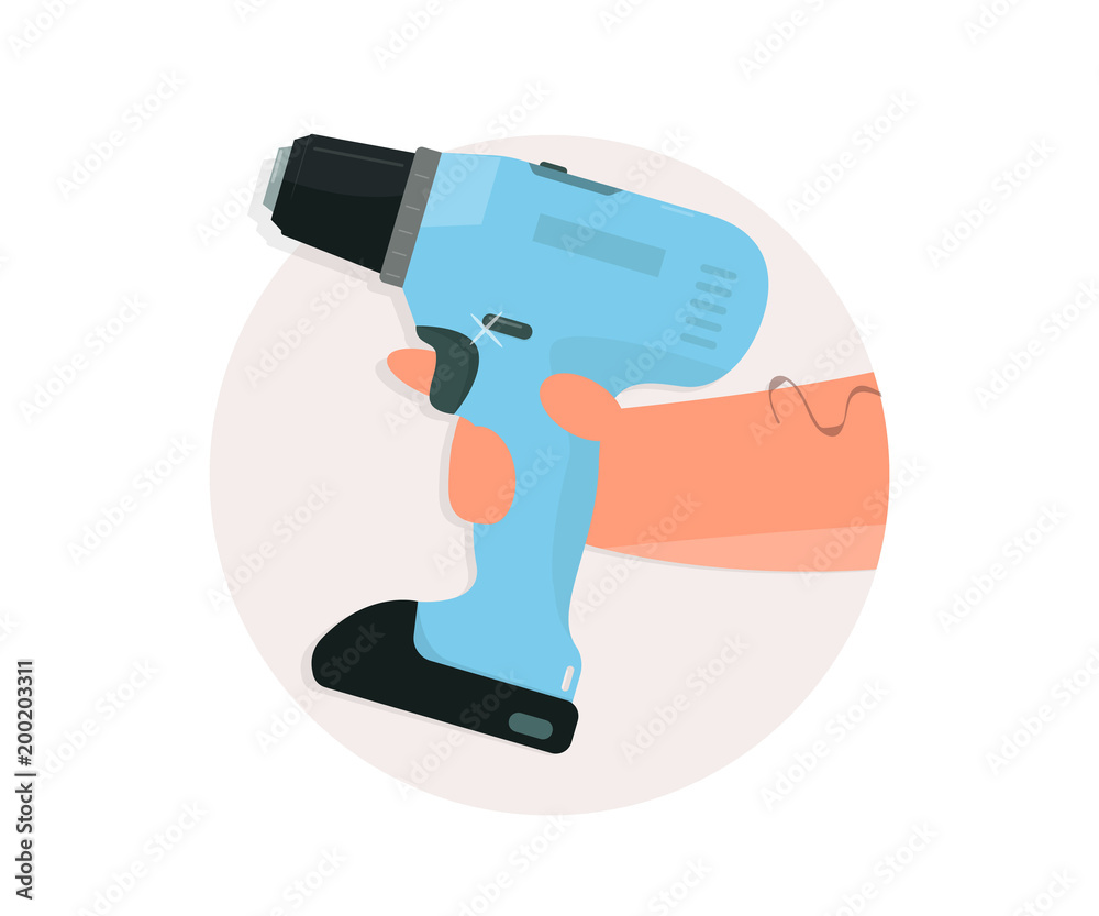 Drill in hand. Cartoon style. Drill in hand. Cartoon style.
