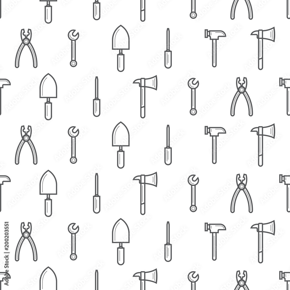 Seamless line pattern with working tools for construction, building and home repair icons. Vector illustration. Elements for design. Hand work tools collection. Graphic texture for design, wallpaper. Seamless line pattern with working tools for construction, building and home repair icons. Vector illustration. Elements for design. Hand work tools collection. Graphic texture for design, wallpaper.