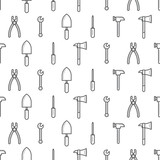 Seamless line pattern with working tools for construction, building and home repair icons. Vector illustration. Elements for design. Hand work tools collection. Graphic texture for design, wallpaper.