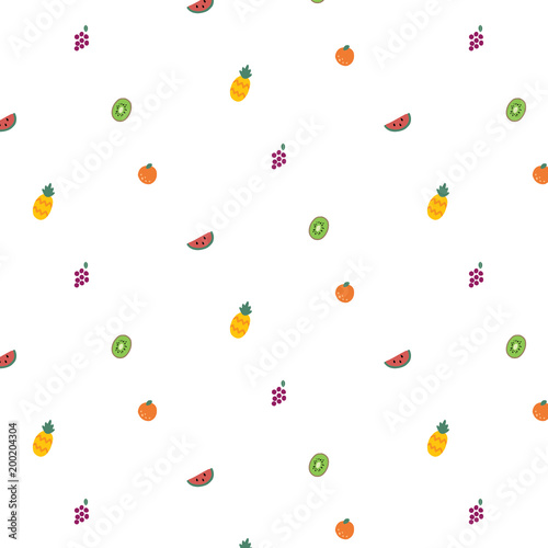 Vector pattern with orange,pineapple,kiwi,watermelon,grape. Hand drawn illustration of summer fruit. Abstract doodle wallpaper.