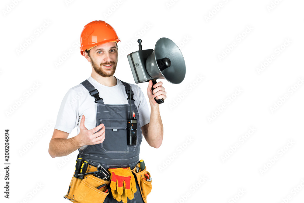 A man builder says through a megaphone. isolated on white background.