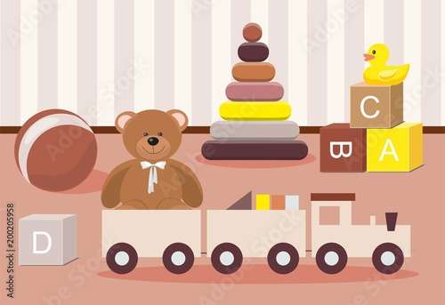 Kids toys concept. Teddy Bear and clorful toys, wooden toy train