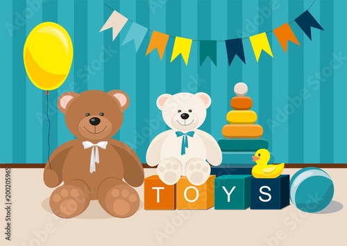 Clorful Kids toys. Teddy Bear, wooden toy train, pyramid and other	
