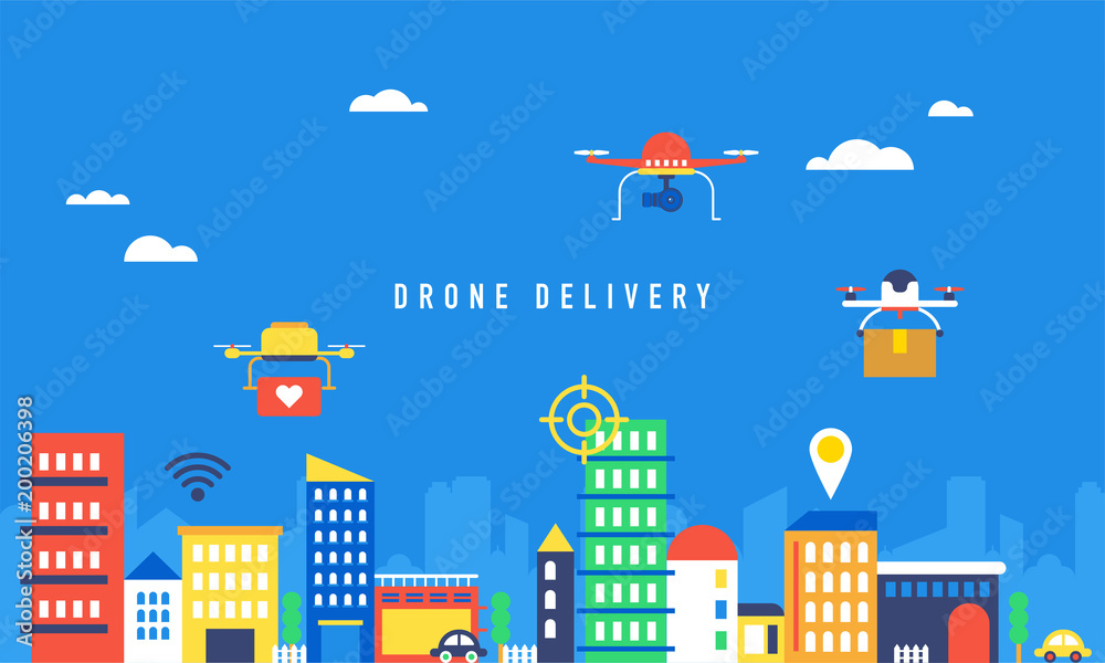 Drones delivering goods in the city. vector flat design illustration set 