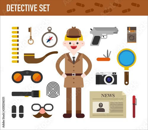 detective character and items. vector flat design illustration set 