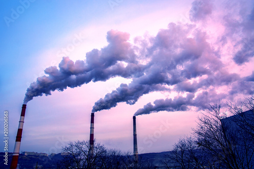 Papier peint many large pipes of which goes dirty smoke, exhaust fumes and shepherds, above t